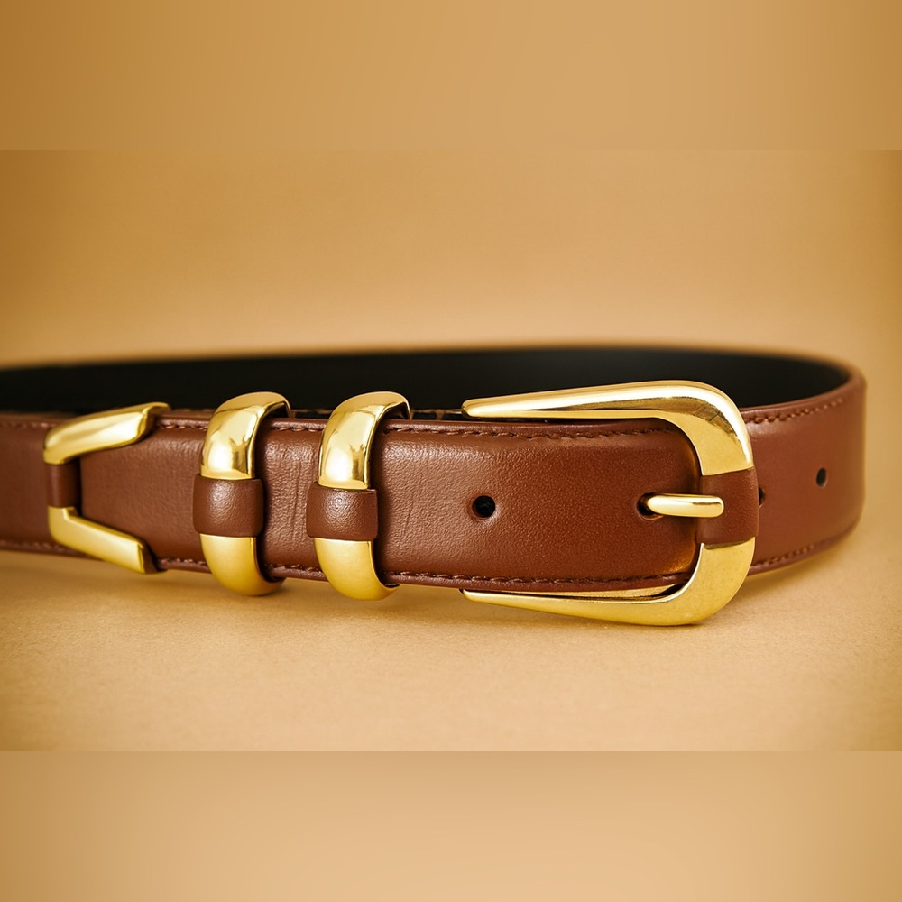 Studio New York Women’s Brown Leather Belt with Gold Buckle Large